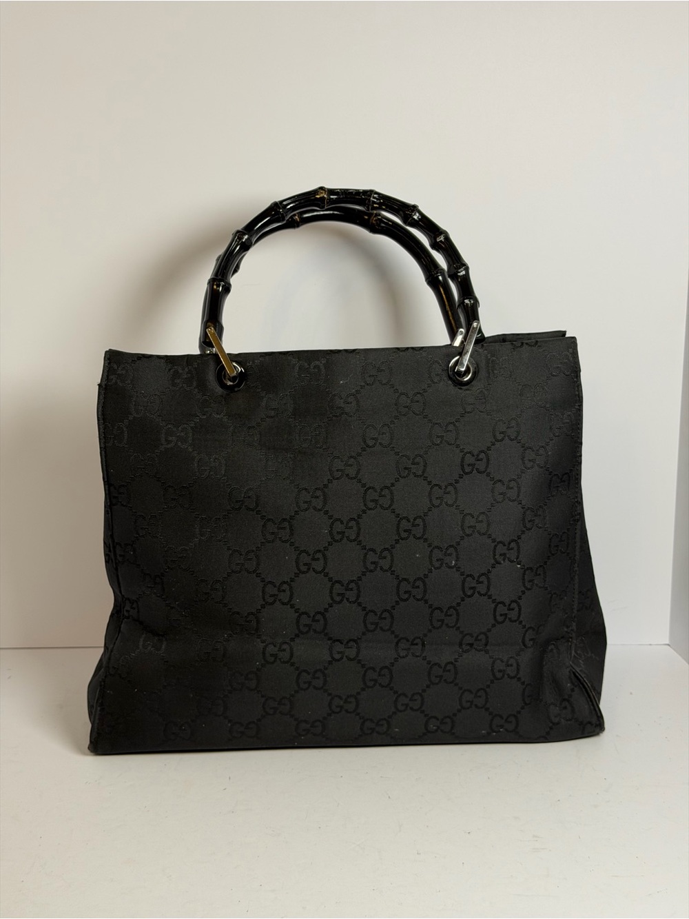 Vintage Gucci GG Monogram Nylon Top Bamboo Handle Bag